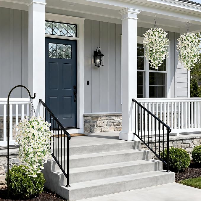 Artificial Hanging Petunias Flowers for Outdoor, 2pcs Fake Plants Long Vine Morning Glory Eucalyptus, UV Resistant Realistic Faux Greenery Indoor Outside Patio Porch Garden Spring Summer Decor, White
