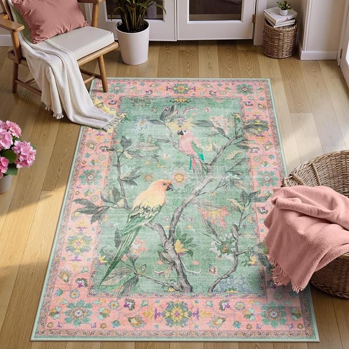 Lahome Botanical Birds Washable 3x5 Pink Living Room Bathroom Rugs for Entryway, Vintage Soft Non Slip Indoor Throw Carpet for Nursery Bedroom Classroom
