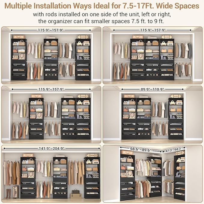 Aheaplus Closet System with 12 Drawers, 8.5-11.5Ft Wood Closet Organizer System with 4 Hanging Rods & 3 Towers, 4Ft & 6Ft L-Shaped Walk-in Closets Wardrobe Organizer Clothes Rack, Set of 3, Black1