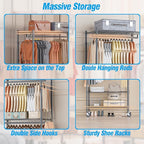 Homdox Garment Rack Heavy Duty, 3 Tier Rolling Clothing Racks for Hanging Clothes, Metal Wardrobe Closet, Free-Standing Clothes Organizer Rack with Double Rods & Side hooks, Gray