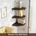 Alsonerbay Corner Shelf Wall Mount, Set of 3 Floating Corner Shelves with Cord Hole, Rustic Wood Shelves for TV, Speaker, Cable Box, Game Console for Bedroom, Kitchen, Living Room Carbonized Black