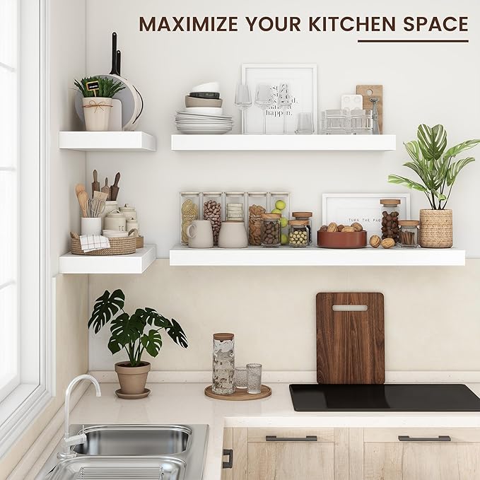 Venusmiles Floating Shelves for Wall, 48 Inch Wide x 12 Inch Deep Floating Shelves, Long Wood Floating Wall Shelf Shelves for Living Room Bathroom Bedroom Kitchen Home - (White, 48" W x 12" D x 2" H)