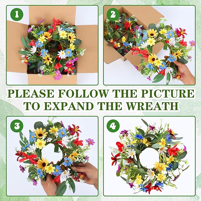 6 PCS Small Spring Floral Kitchen Cabinet Wreath Mini Artificial Sunflowers Daisy Wreath for Front Door with Burlap Ribbon Wide Flower Hanging Farmhouse Wreaths for Porch Wall Window Decor