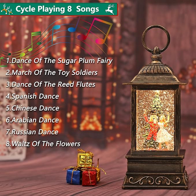 Christmas Snow Globe Decorations, Musical Glitter Nutcracker Lantern with 6H Timer, USB/Battery Powered Lighted Décor for Home, Tabletop, Gift Box