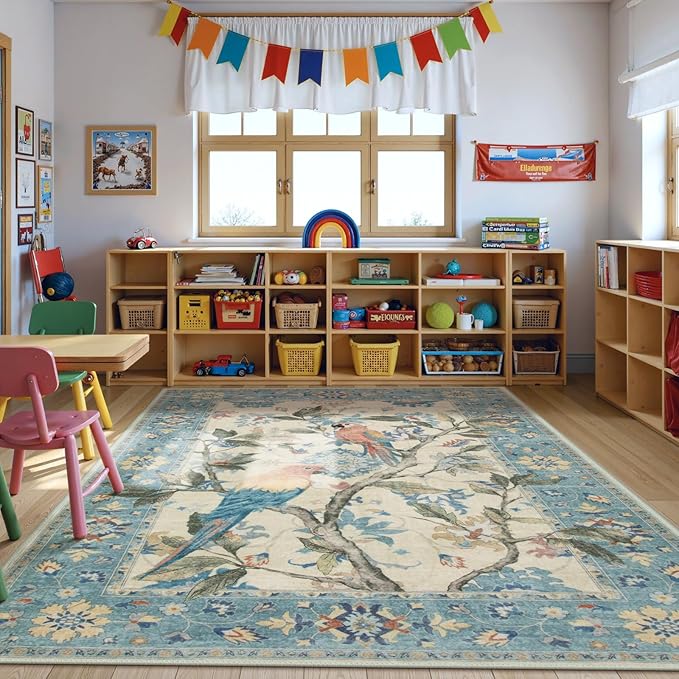 Lahome Botanical Birds Blue Washable Rugs 8x10 for Living Room, Soft Non Slip Dining Room Rugs for Under Table, Large Boho Vintage Indoor Floor Carpet for Bedroom Home Office (8x10ft,Blue)