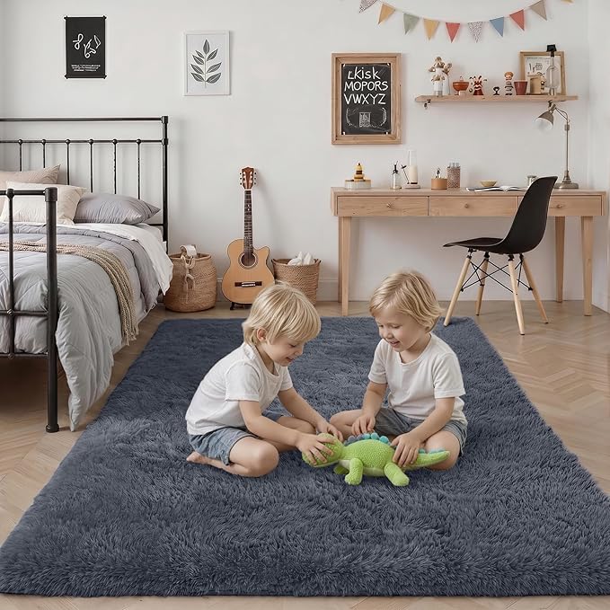 6x9 Area Rugs for Living Room Bedroom: Ultra Soft Fluffy Shag Rug Upgrade Non-Slip Non-Shedding Large Fuzzy Plush Carpet Indoor Floor Carpets for Kids Room Playroom Nursery Dorms Home Decor Grey