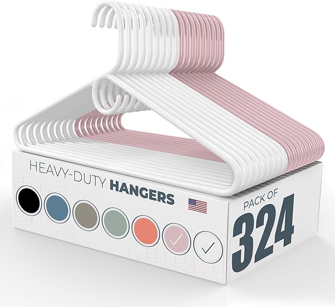 Neaties Heavy Duty Clothes Hangers 100+ Pack (324 Count) – Made in the USA – 8lb Capacity Plastic Hangers for Adult Clothing – Durable for Pants, Coats, Jackets, or Jeans – White & Pink