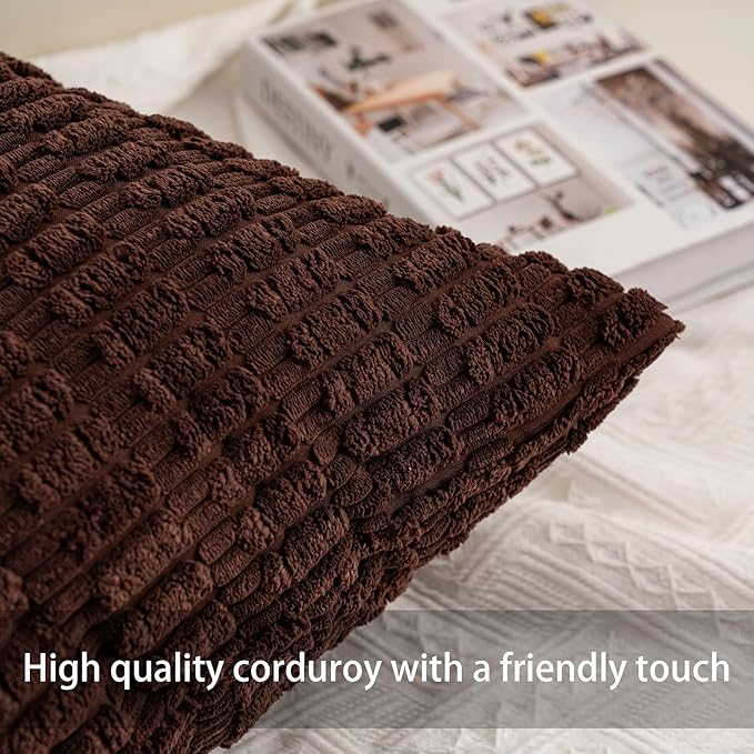 Aegero Pack of 2 Corduroy Decorative Throw Pillow Covers 18x18 InchSoft Boho Striped Pillow Covers Modern Farmhouse Home Decor for Sofa Living Room Couch Bed（Dark Brown）