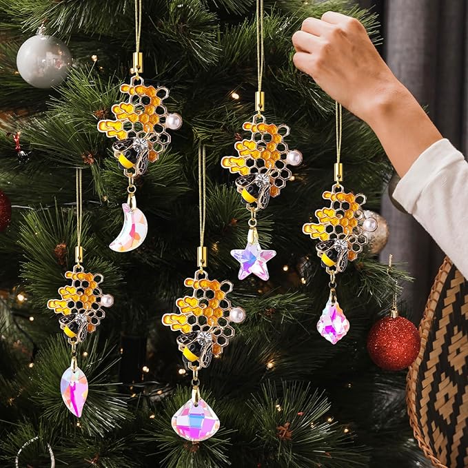 5Pcs Hanging Ornaments, Mini Crystal Prism Gold Metal Bee Xmas Tree Decorations, Crystal Suncatchers Hanging Ornament for Wedding Party Home Decor