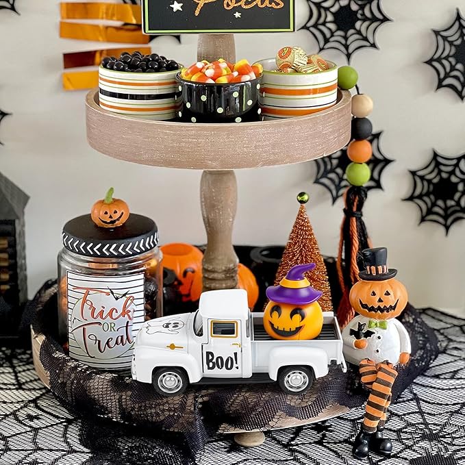 Halloween Truck Decor, Halloween White Ghost Metal Truck Decorations for Home Indoor, Mini Cute Pumpkin Tiered Tray Decor, Farmhouse Kitchen Tabletop Centerpiece Decorations