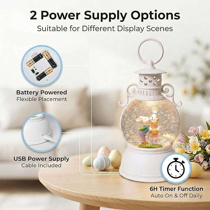 Easter Snow Globe Lantern, 9.4" Bunny Couple Lighted Snow Lantern with 6-Hour Timer, Battery or USB Powered, Spring Easter Decorations for Home, Easter Gift & Indoor Decor