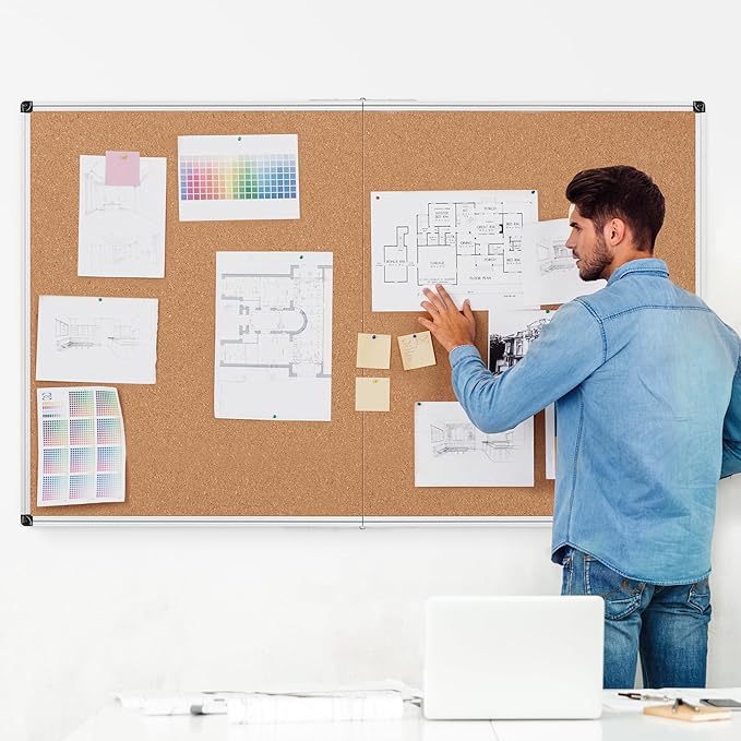 Extra Large Cork Bulletin Board 72" X 48", Foldable Notice Pin Board for Wall, Silver Aluminum Framed 6'x4' Corkboard, Wall Mounted Noticeboard with 36 Push Pins for School, Home & Office