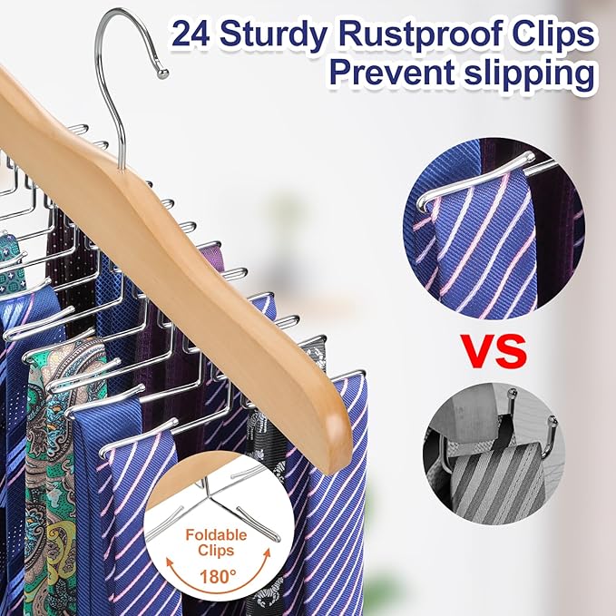 TOPIA HANGER Tie Rack Hanger for Closet 2 Packs, Wooden Tie Organizer for Men with 24 Folding Hooks, Space Saving Necktie Holder for Storage and Display Bra, Tank Top, Camisole (Natural) - CT14N-2