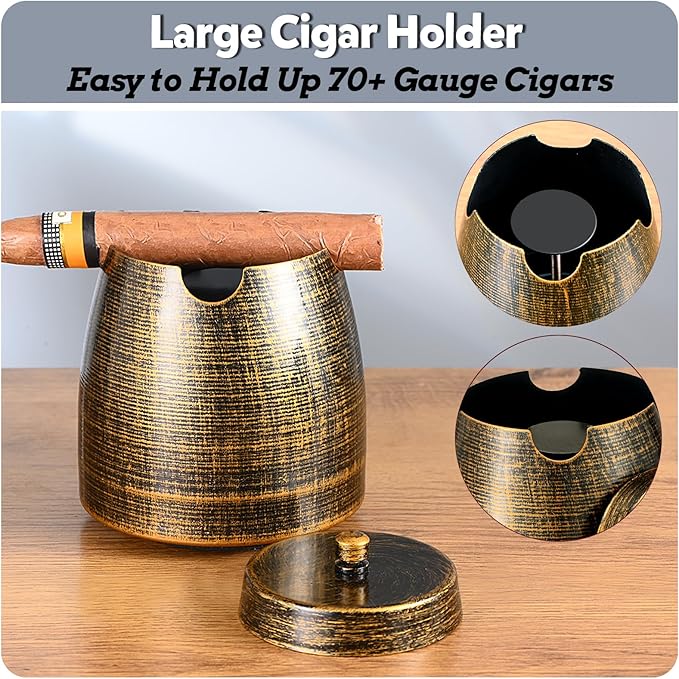 Cigar Ashtray with Lid for Outdoors Outside Patio Home Retro Decor,Large Holder Ashtray,Cigar Accessories Gifts for Men Dad Husband Boyfriend (Large)