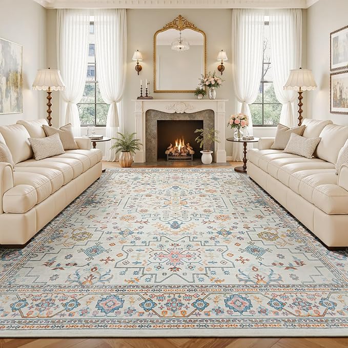 Lessymo Washable 9x12 Area Rug for Living Room, Large Rugs for Bedroom Dining Nursery Room, Soft Non-Slip Vintage Floral Oushak Carpet, Boho Colorful Pastel Farmhouse Decor, Multi/Ivory