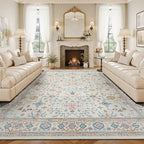 Lessymo Washable 9x12 Area Rug for Living Room, Large Rugs for Bedroom Dining Nursery Room, Soft Non-Slip Vintage Floral Oushak Carpet, Boho Colorful Pastel Farmhouse Decor, Multi/Ivory