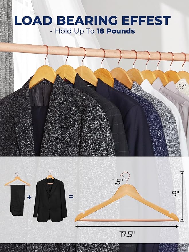 Smartor Wooden Hangers 10 Pack, Solid Wood Coat Hanger for Closet, Heavy Duty Wood Hangers for Suits, Shirts, Dresses, with 360° Rose Gold Hook, Non Slip Pant Bar, Natural