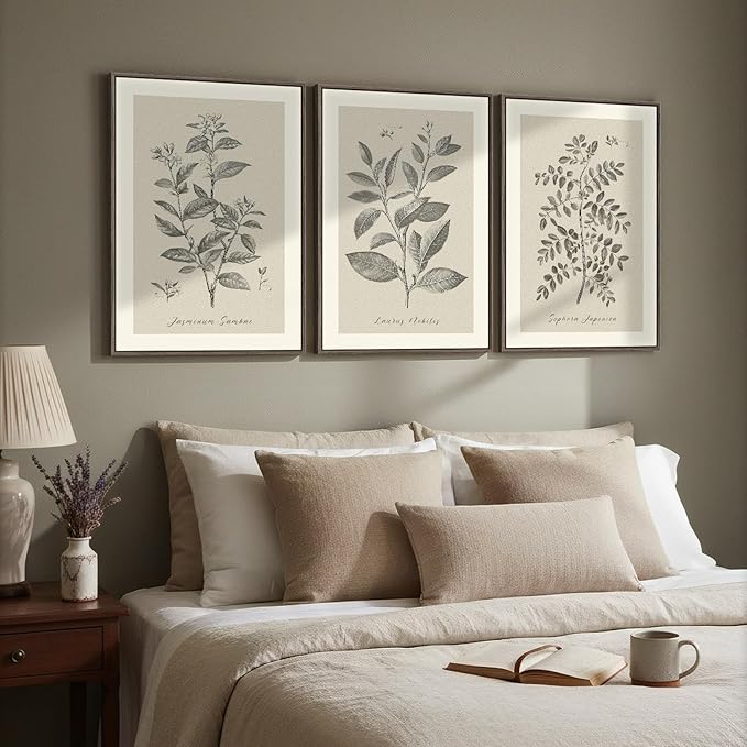 Framed Vintage Botanical Wall Art, 3 Piece Neutral Floral Plants Canvas Painting Prints Artwork for Living Room, Rustic Flowers Pictures for Farmhouse Bedroom Kitchen Dining Room Home Decor, 16x24 In
