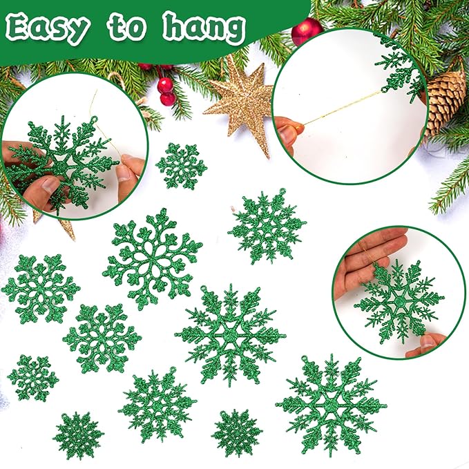 Dark Green Christmas Snowflake Ornaments- 36Pcs Plastic Glitter Hanging Snow Flakes for Christmas Tree Decorations Winter Wonderland Frozen Birthday Party Holiday Home Decor Craft Snowflakes