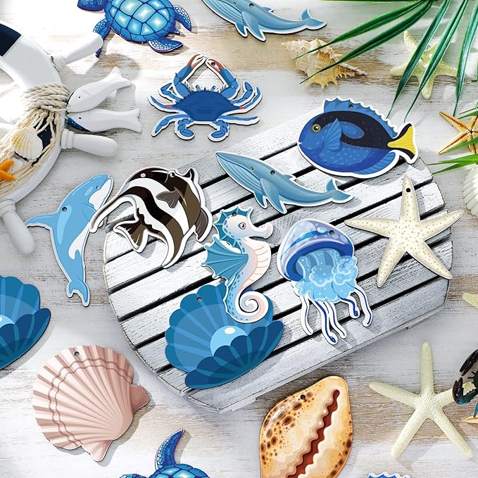 24 Pcs Summer Ornaments for Tree Wooden Ocean Beach Tree Decorations Coastal Nautical Wood Hanging Cutouts Beach Sea Animals Decorations with Rope for Summer Holiday Party Supplies