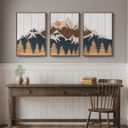 Framed 3D Wood Mountain Textured Wall Art for Living Room, 3 Piece Farmhouse Modern Wood Artwork for Walls, Landscape Mountain Forest Sun Wall Art Decor for Home Office Bedroom Hallway, 16x24 Inch