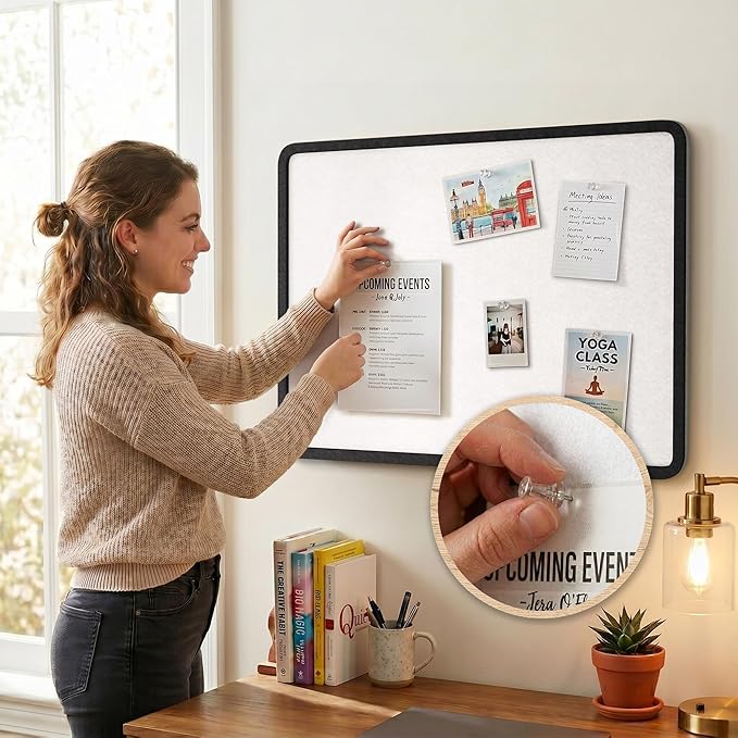 Bulletin Board, 24 x 18 inches Decorative Felt Foldable Photo Pin Boards, Vision Board Cork Board Alternative for Walls, Office, Home, Classroom with Pushpins ＆ Small Storage Bag, Black