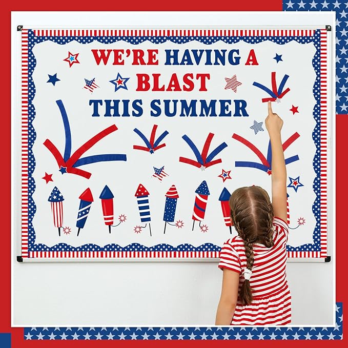 Epakh 4th of July Bulletin Board Decorations Set DIY Patriotic Fireworks Cutouts with Red Blue Crepe Paper Rolls, Independence Day Classroom Decor for Door Wall Summer School Home Supplies