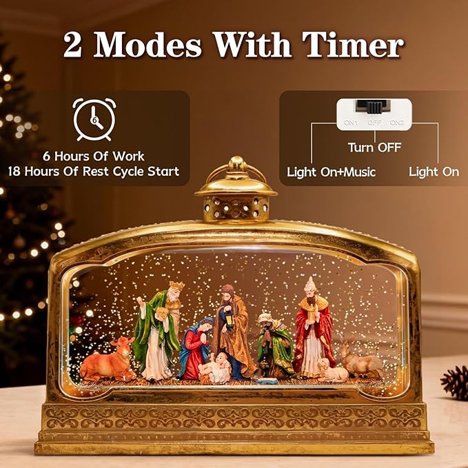 Christmas Snow Globes, 11.4" Nativity Glitter Water Lantern with Song, 6H Timer Battery & USB Powered Music Box for Christmas Decorations Indoor