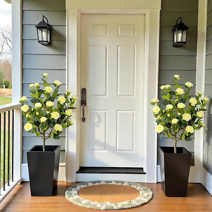 Bellacat 4ft Artificial Camellia Tree with Silk Yellow Flowers, 48in Faux Camellia Plant with Lifelike Trunk, Fake Flower Tree Potted Front Door Plants for Porch Patio Deck Living Room Decor, 2Pack