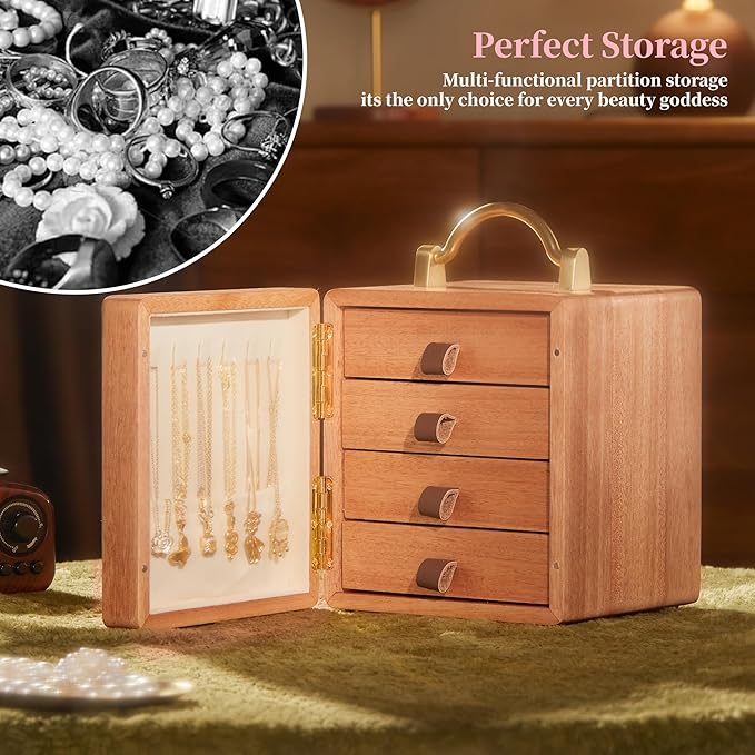 Wooden Jewelry Box for Women 4 Tier Walnut Wooden Jewelry Box with handle (Butterfly Prints A)