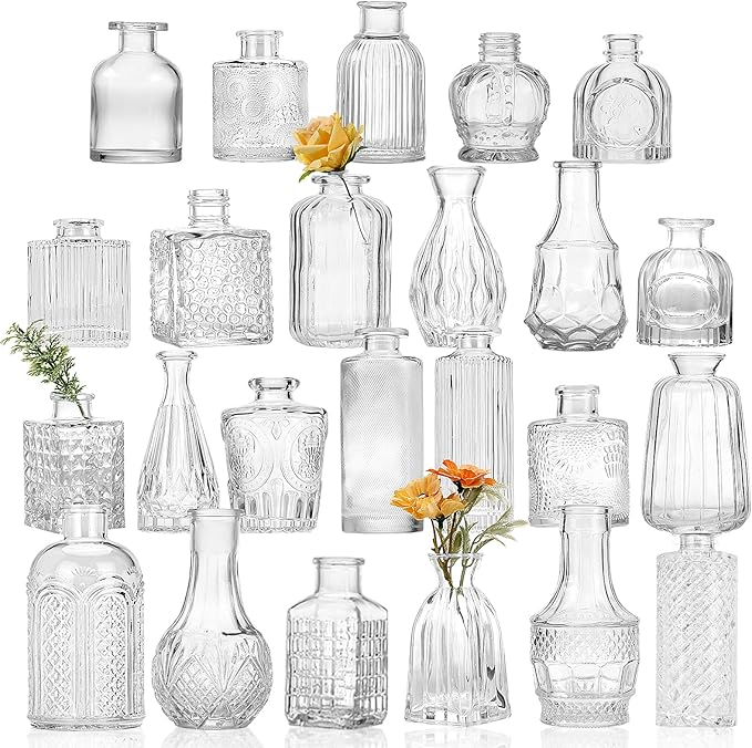 CUCUMl 24 Pack Glass Bud Vases in Bulk for Centerpieces, Clear Vintage Decorative Small Vases for Flowers, Wedding Rustic Home Table Decor