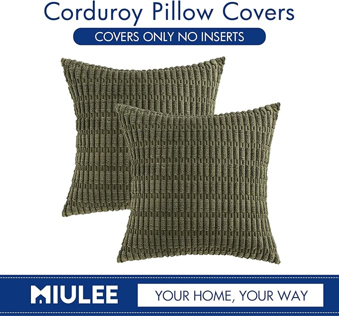 MIULEE Pack of 2 Spring Corduroy Decorative Throw Pillow Covers 18x18 Inch Soft Boho Striped Pillow Covers Modern Farmhouse Home Decor for Summer Sofa Living Room Couch Bed Olive Green