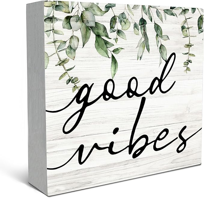 SRADMO Botanical Eucalyptus Leaves Wood Box Sign Desk Decor, Rustic Eucalyptus Leaves Wooden Block Box Sign Decoration For Home Shelf Table Office Decor 6x6 inches
