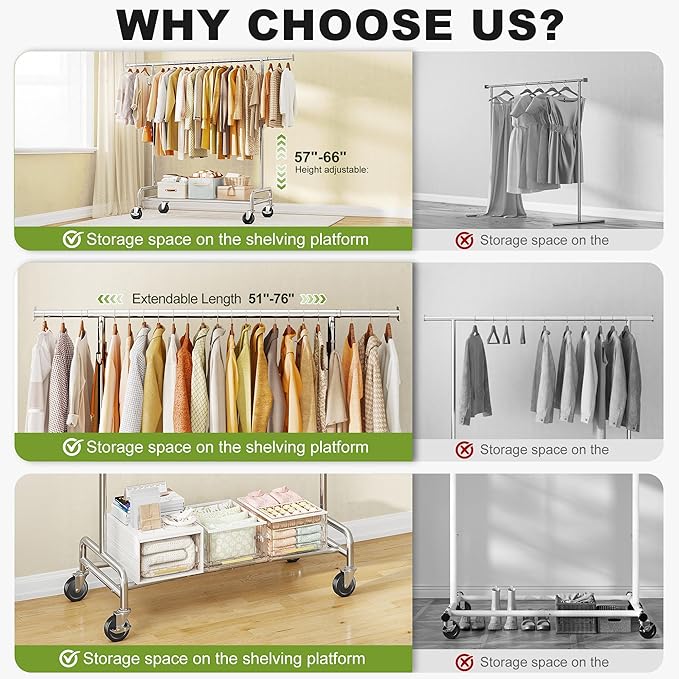 Raybee 76''W Clothes Rack, Heavy Duty Clothing Rack Load 450 LBS, Lockable Wheels & Adjustable Height, Garment Rack for Bedroom, Laundry Room, Closet
