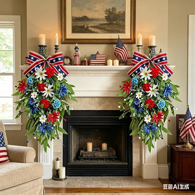 2 Pack 21'' Patriotic Swag Wreaths for Cabinets Artificial 4th of July Teardrop Wreath with Carnations and Daisies Red White Blue Floral for Independence Day Memorial Day Front Door Porch Window Wall