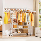 Clothes Rack With Storage Shelf, Heavy Duty Rolling Clothing Rack for Hanging Clothes, Double Rod Metal Garment Rack Load 630 LBS, Portable Wardrobe Racks with Wheels for Bedroom, Laundry Room