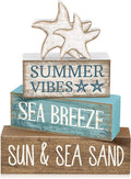 Yuntau 4 Pcs Summer Beach Decorations for Home Beach Tiered Tray Decor Starfish Coastal Rustic Starfish Wooden Block Table Sign Stacked Book Nautical Table Centerpiece for Farmhouse Office Desk Shelf