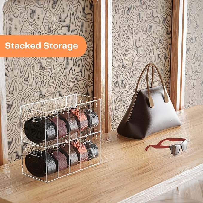 Acrylic Belt Organizer Holder for Closet with Dust Cover Lid - Clear Storage Display Case for Drawer - 5 Compartments