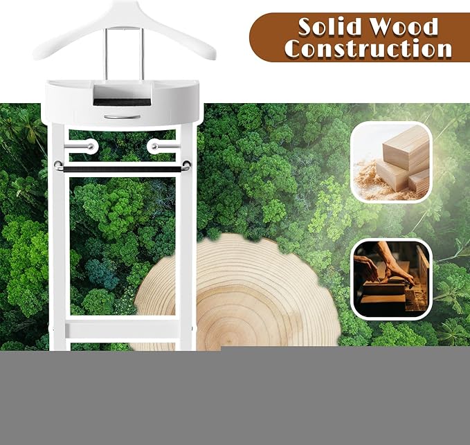 Wood Valet Stand with Tray, Clothes Valet Stand for Men, Suit Valet Stand with Sturdy Base, for Entryway, Bedroom, Office 17x13.4x41.96in