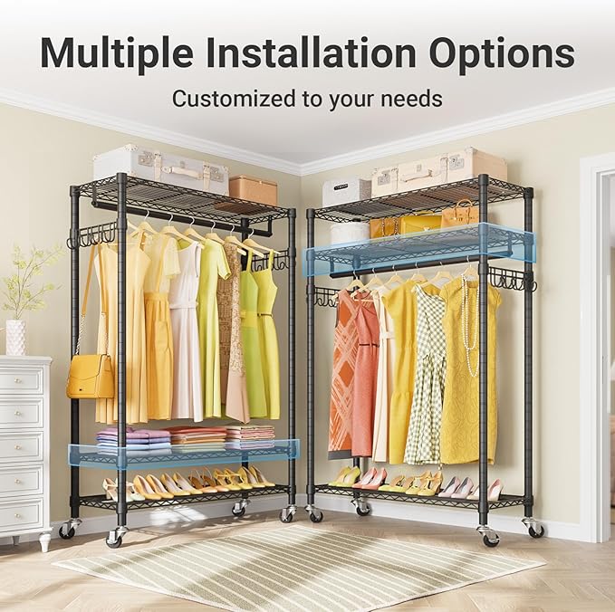 VIPEK R3 Plus Rolling Clothes Rack with Locking Wheels, Portable Closet for Hanging Clothes Heavy Duty Garment Rack with Adjustable Shelves and Side Hooks, Metal Wardrobe for Home Storage, Black