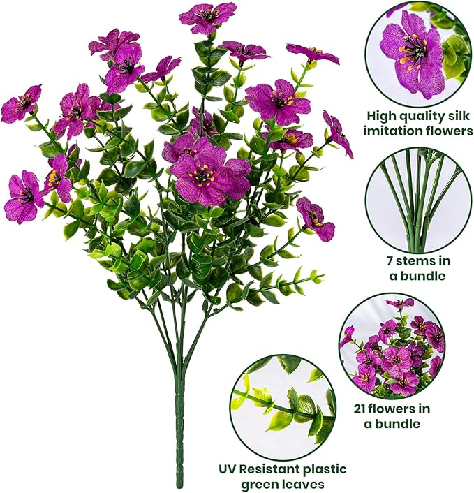 Lnoicy 20 Bundles Artificial Flowers for Outdoor Fake Plants for Spring Decoration,Faux Eucalyptus Flowers for Planter UV Resistant Lifelike for Home Porch Garden（Fuchsia）