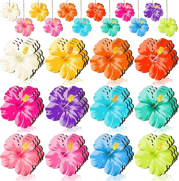 Maitys 36 Pcs Spring Flower Ornaments for Tree Hawaiian Wooden Flower Decorate Wooden Hibiscus Daisy Hanging Decor for Birthday Wedding Baby Shower Themed Summer Holiday Party Decoration(Hibiscus)