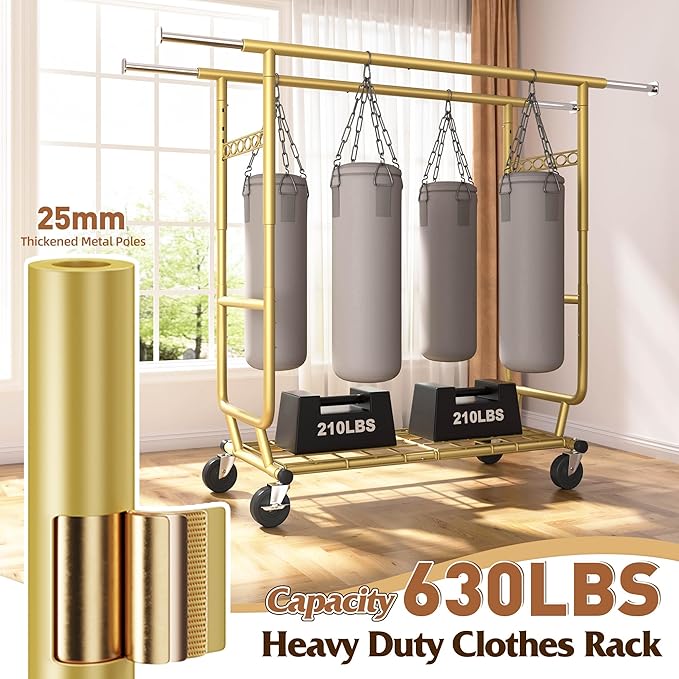 Raybee Clothes Rack Load 630LBS, Heavy Duty Clothes Rack, Rolling Clothing Racks for Hanging Clothes with Wheels, Adjustable & Commercial Garment Rack, 22" D x 75" W x 68" H, Gold