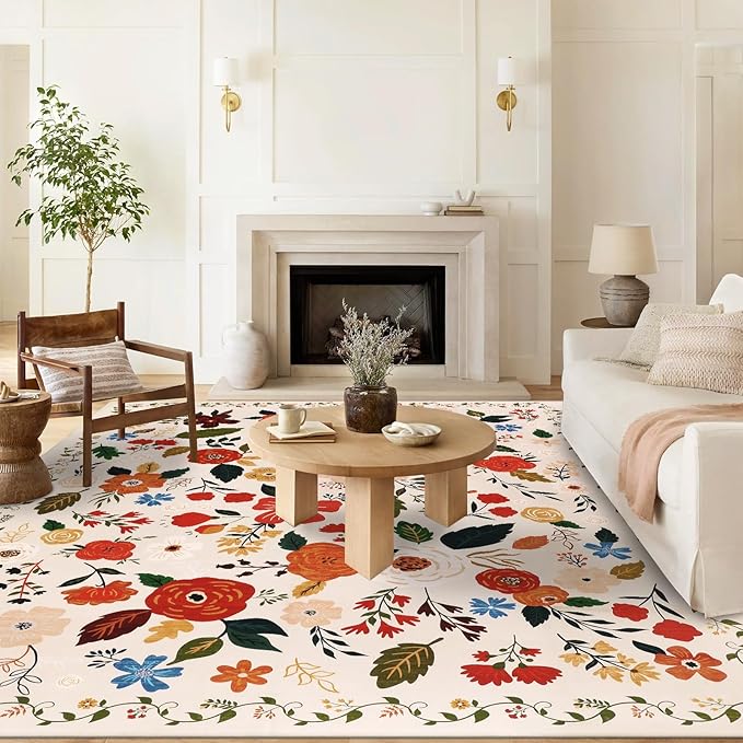 U'Artlines 8x10ft Colorful Floral Area Rug, Machine Washable Ultra Soft Low Pile Non Slip Non Shedding Accent Floor Carpet for Living Room, Bedroom, Dining Room, Office (Beige)