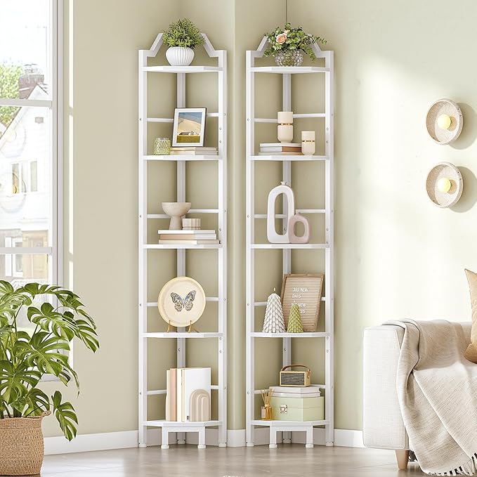 HOOBRO Narrow Corner Shelf Stand, 5-Tier Corner Shelf, 63” Tall Multipurpose Corner Bookshelf, Standing Display Shelf Plant Stand, for Living Room, Study, Kitchen, White WW100CJ01