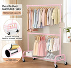 MISSLO Heavy Duty Clothing Racks for Hanging Clothes Rack Double Rod Garment Rack Rolling Closet Wardrobe Rack on Wheels, Metal, Adjustable (Pink)