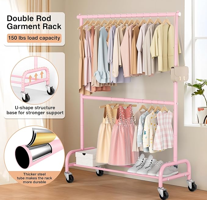 MISSLO Heavy Duty Clothing Racks for Hanging Clothes Rack Double Rod Garment Rack Rolling Closet Wardrobe Rack on Wheels, Metal, Adjustable (Pink)