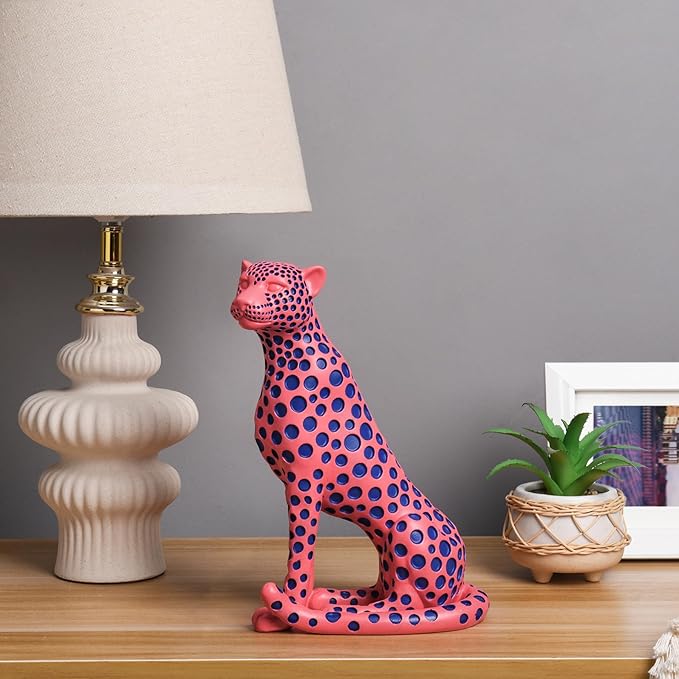 Quoowiit Statues for Home Decor, Modern Sculptures and Statues Decorations for Living Room, Bedroom, Table, Bookshelf, White Resin Leopard Art Decorative Sculpture with Black Polka Dots Design