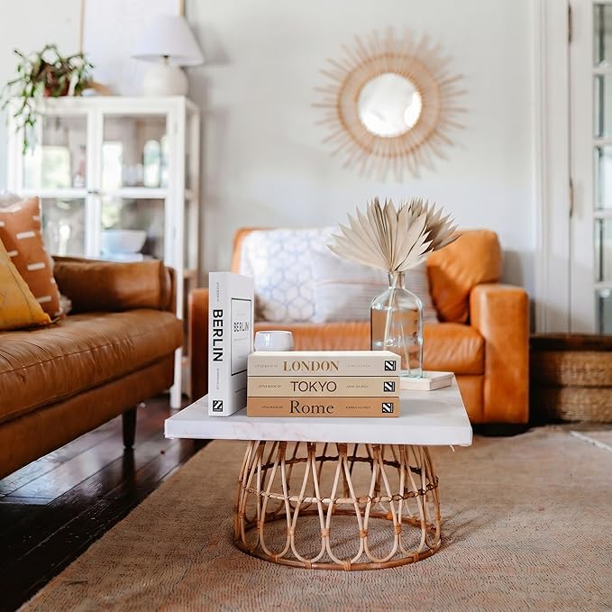 PROBENEX Warm Mocha Faux Decorative Books Set of 4 – Modern Farmhouse Brown Coffee Table Book Stack | Rustic Neutral Shelf Decor for Cozy Living Room, Bedroom & Country Modern Home Styling