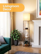 Floor Lamp with Shelves for Living Room Brown, Shelf Floor Lamp with 3 CCT LED Bulb, Corner Display Standing Column Lamp Etagere Organizer Tower Nightstand with White Linen Shade for Bedroom